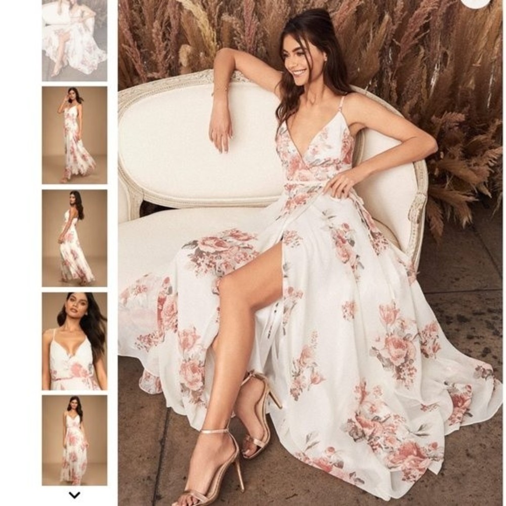 Lulu's Elegantly Inclined Floral Wrap Maxi Dress, White, Size MEDIUM